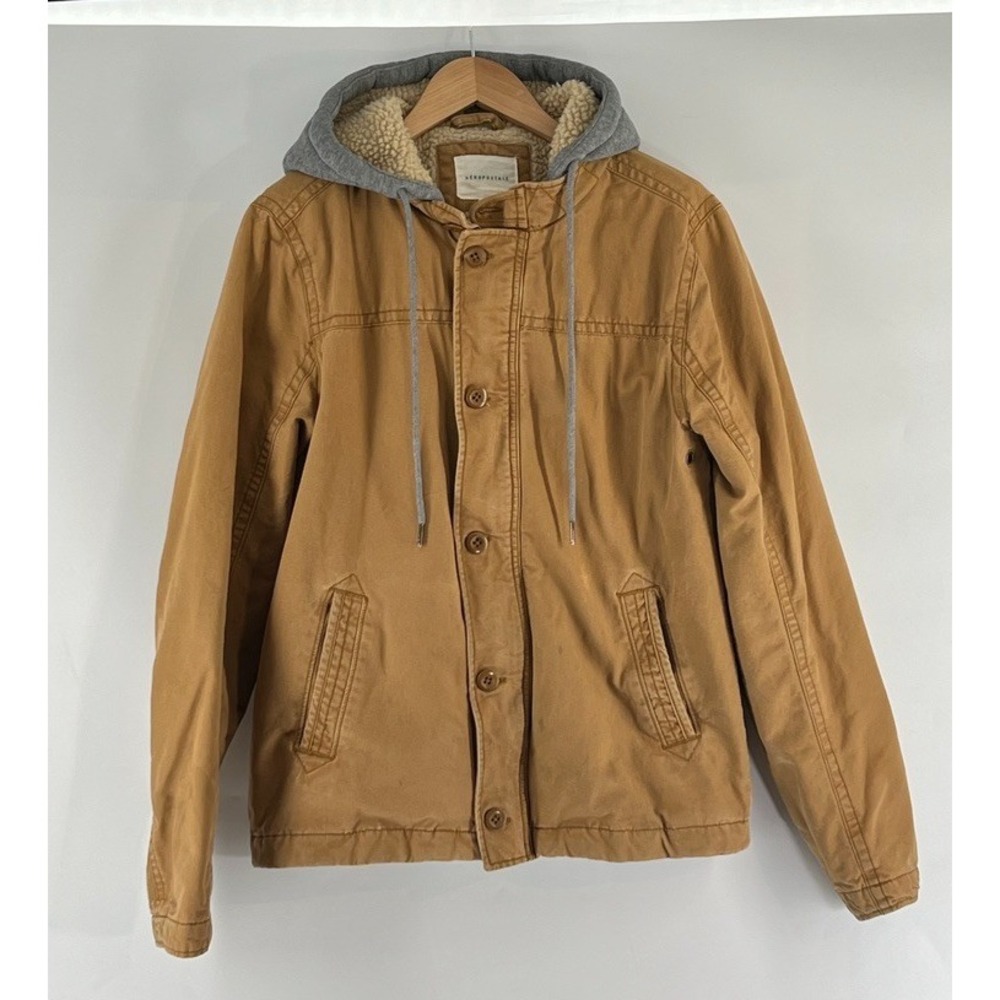 Aeropostale Workwear Jacket S Canvas Chore Hooded Sherpa Lined Streetwear Tan